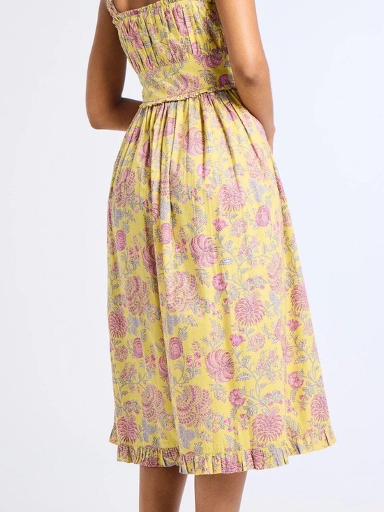 Yellow Midi Dress with Pink Floral Print and Smocked Bodice - Picture 2 of 4